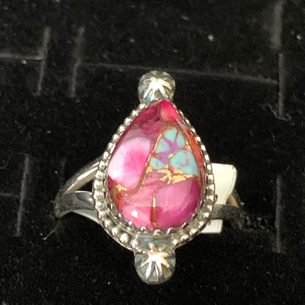 925 Sterling Silver Pink Dahlia Turquoise Ring Size 6.75 Southwestern Boho